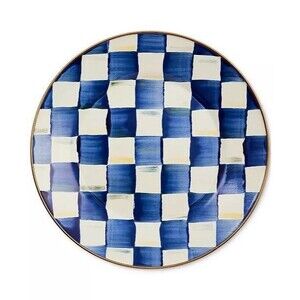 MacKenzie-Childs Royal Check Dinner Plates 10” Enamel Set of 4 Blue White NIB